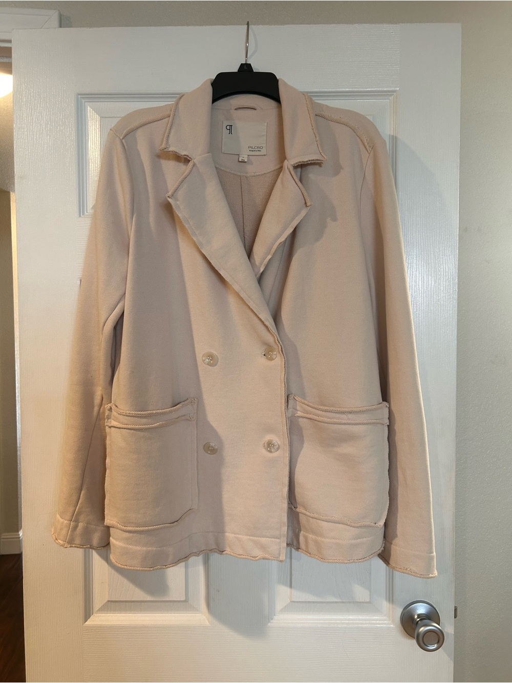 Pilcro Cream Double-Breasted Blazer with Frayed Trim - Picture 2 of 5